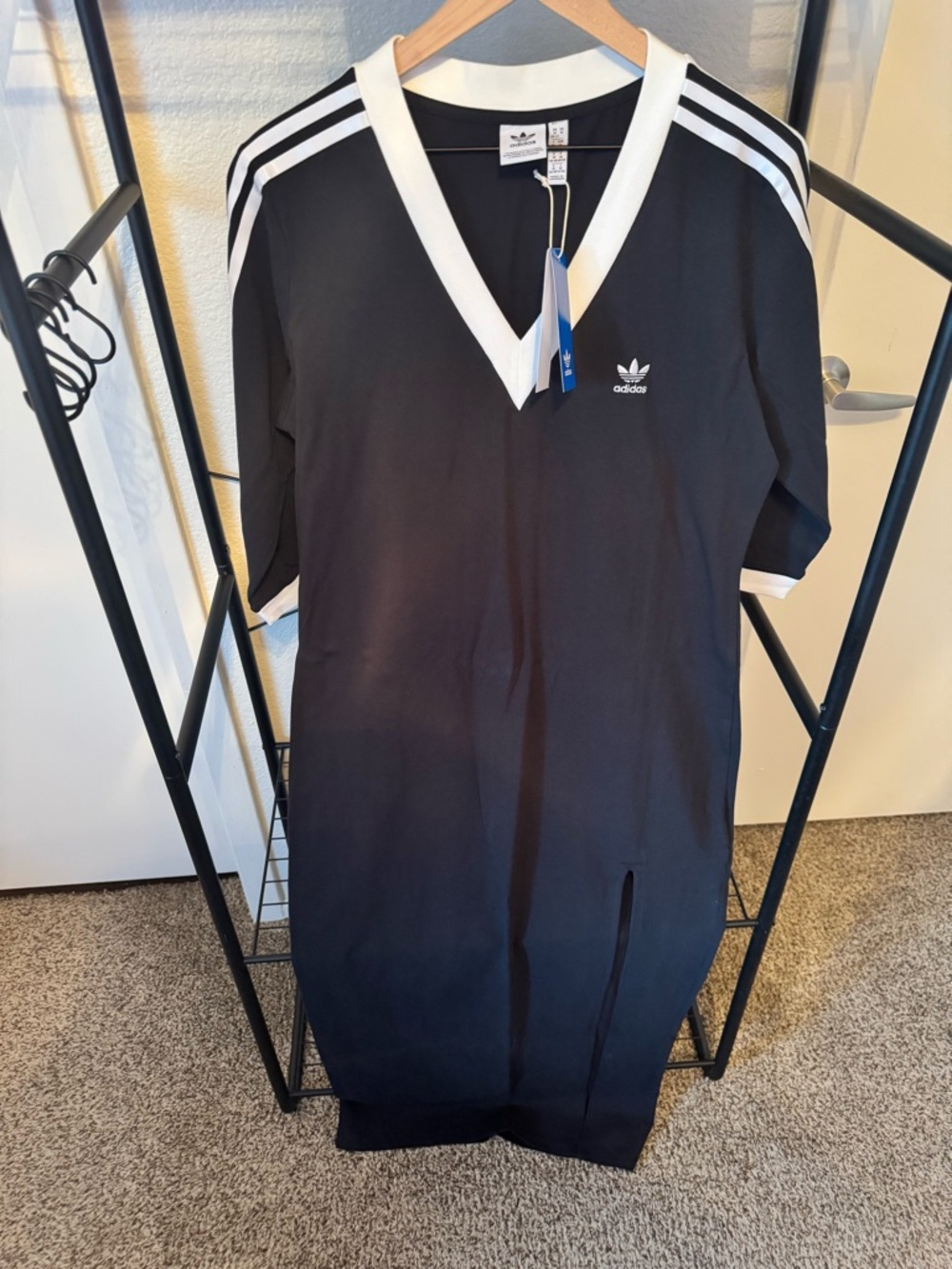 adidas Black V-Neck Dress with White Trim and Stripes